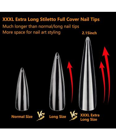 360Pcs Clear XXXL Stiletto Acrylic Nail Tips - Professional Full Cover Fake Nails - Nail Extension Kit for Salon & Home DIY Nail Art - 12 Sizes - Buy Online on GoSupps.com
