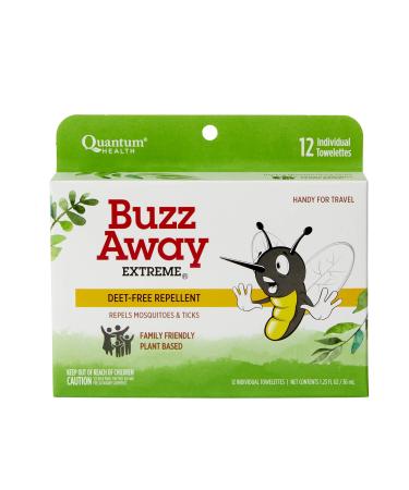 Quantum Buzz Away Extreme Towelettes - Natural DEET-free Insect Repellent Wipes, Essential Oils - Small Children and Up, Travel Friendly, 12 Count