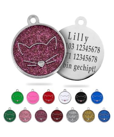 Ibera Gifts - Personalized cat brand for medium to large cats in a round form with a cat with engraving names collar brand address trailer cat necklace (fuchsia glitter)
