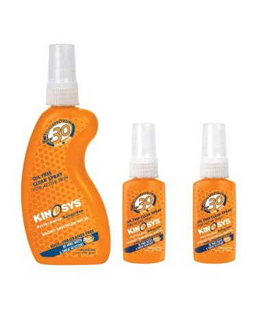 KINeSYS SPF 30 KIDS Fragrance Free Clear Spray Sunscreen for sensitive skin Hypoallergenic Broad Spectrum UVA/UVB protection for Face & Body PABA and Oxybenzone FREE 4 Fl Oz and 2 Pack 1 Fl Oz