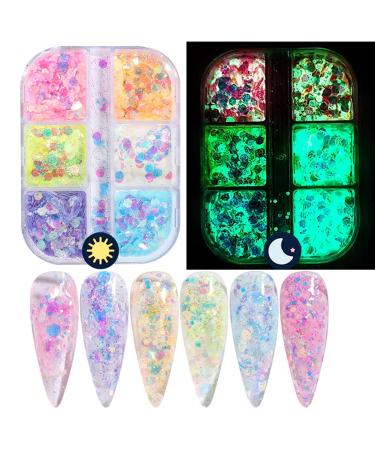 Holographic Luminous Nail Glitter Sequins, 6 Colors Nail Art Stickers Fluorescent 3D Sparkly Nail Art Flakes Shinning Colorful Confetti Manicure Tips Decorations Nail Powders for Acrylic Nails Charms Glitter 4