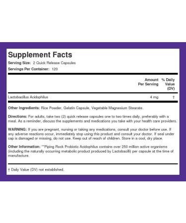Piping Rock Probiotic Acidophilus Capsules | 250 Million CFU | 240 Pills | Dietary Supplement | Non-GMO Gluten Free - Buy Online on GoSupps.com