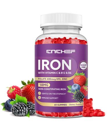Iron Supplement for Women & Men Gummies Multivitamin Blood Builder Iron Supplement with Folate Vitamin C B12 B6 Zinc for Adults & Kids - Energy Support - Mixed Berry Flavor Vegan 60 Gummies Mixed Berry 60 Count (Pack of 1)