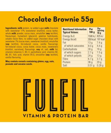 Fulfil Chocolate Brownie Protein Bar (15 x 55g Bars) - 20g Protein, 9 Vitamins, Low Sugar - Buy Online on GoSupps.com
