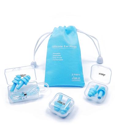 ANBOW Ear Plugs for Sleeping Noise Cancelling. Reusable Silicone Earplugs. Custom Fit - Noise Reduction for Sleeping, Concerts, Work & Swimming. Adjustable to Ear Size. 3 Pairs + Travel Pouch Light Blue