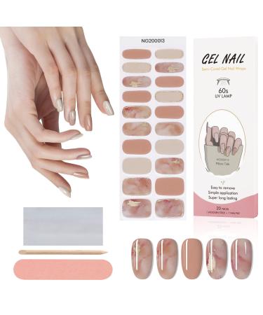 Kalolary 20PCS Semi Cured Gel Nail Polish Strips  Pink Marble Adhesive Full Wrap Gel Nail Art Sticker  Waterproof Gel Nail Wrap Stickers with Nail File and Stick(UV/LED Lamp Required)