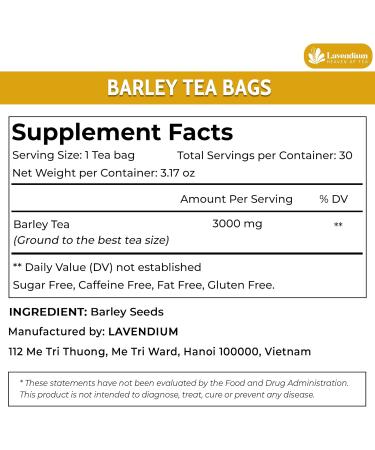 Lavendium Premium 30 Barley Tea Bags 100% Natural & Pure from Barley. Loose Barley Herbal Tea. Made with Natural Material Tea Bags. No Sugar No Caffeine No Gluten Vegan. - Buy Online on GoSupps.com