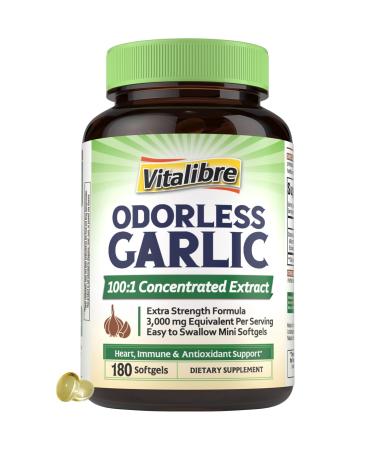 Odorless Garlic, Extra Strength 100:1 Extract, Non-GMO, No Gluten, Heart & Immunity, Antioxidant Defense, 180 Softgels 180 Count (Pack of 1)