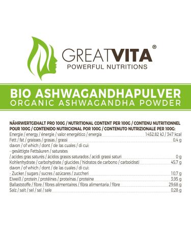  GREAT VITA GreatVita Organic Ashwagandha Powder Additive-Free 800g - Buy Online on GoSupps.com