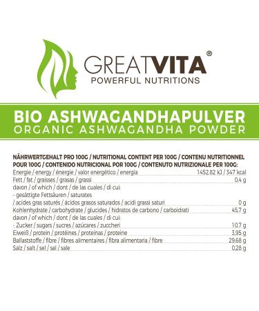 GreatVita Organic Ashwagandha Powder 400g Pure Additive-Free Supplement for Stress Relief & Wellness - Buy Online on GoSupps.com