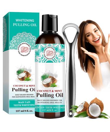 HONGECB Coconut Oil for Teeth - Natural mouth oil with coconut and peppermint oil for whiter teeth and fresh breath - Tongue scraper (237 ml)