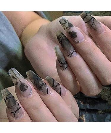 Hzydd press on nails black press-on manicure spring geometry print acrylic french nails tips gel finish finish finish artificial nails with nail art design for women and girls