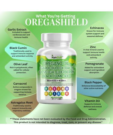 Kun Shafi Oregano Oil Garlic Extract Olive Leaf Black Seed Oil - Immune Support & Digestive Health Supplement for Women and Men with Vitamin D3 & Zinc - 1Pack - Buy Online on GoSupps.com