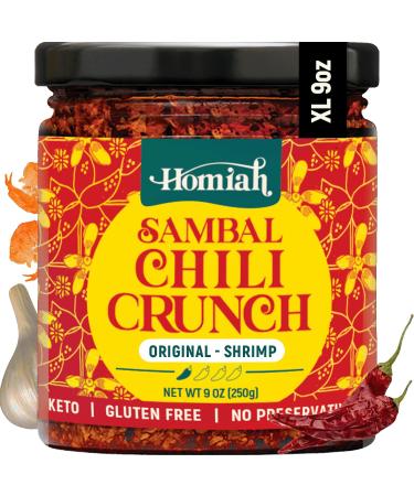 Homiah Sambal Chili Crunch, Original Shrimp - Large 9oz Jar – Low Sodium Gluten Free Non-GMO Sambal Oelek Chili Paste with with Shrimp, Crunchy Chili Crisp, Chile Crunch Condiment with Less Oil Crispy Chili Crunch Oil Topping