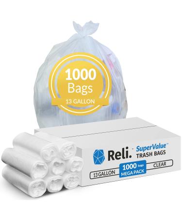 Reli. SuperValue Trash Bags 13 Gallon | 1000 Count | Tall Kitchen Garbage Bags Bulk - Clear | 13 Gallon Clear Trash Bags / Trash Can Liners for Garbage | Made for 12 Gal, 13 Gal, 16 Gal - Unscented 13 Gallon | 1000 Count (