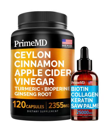 4-in-1 Liquid Biotin Collagen Keratin Saw Palmetto Drops (2 fl oz - 1 Pack) & 5-in-1 Ceylon Cinnamon w Turmeric & Ginseng Root (120ct) Bundle - Hair Skin Nails & Immune Support Supplement