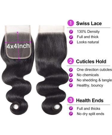 Arenshxc 4x4 Lace Closure Body Wave - 20 Real Human Hair Natural Black Grade 9A for Women | Swiss Lace Free Part - Buy Online on GoSupps.com