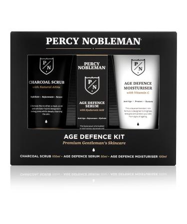 Percy Nobleman Age Defence Kit a men's skincare set containing Charcoal Face Scrub (with Natural AHAs) ultra-hydrating Facial Serum (with Hyaluronic Acid) and Moisturiser (with Vitamin C)