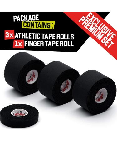 Black Athletic Tape Set - 3 Rolls + 1 Finger Tape for Enhanced Wrist, Ankle, and Hand Protection in Boxing, Football, and Climbing - Easy to Apply, No Sticky Residue - Buy Online on GoSupps.com