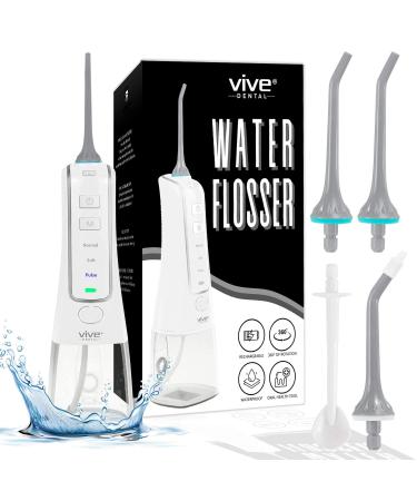 Vive Cordless Water Flosser for Teeth - Electric Oral Dental Care - Teeth Cleaner Pick Floss - Oral Irrigation for Deep Cleaning - Portable Travel Tooth Plaque Remover - 3 Modes 4 Jet Tips White