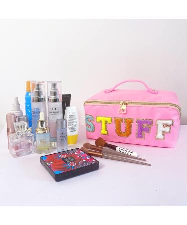 Stoney Clover Dupe Chenille Letter Makeup Bag | Large Capacity Travel Cosmetic Bag - A-Pink Varsity Letter Design - Buy Online on GoSupps.com