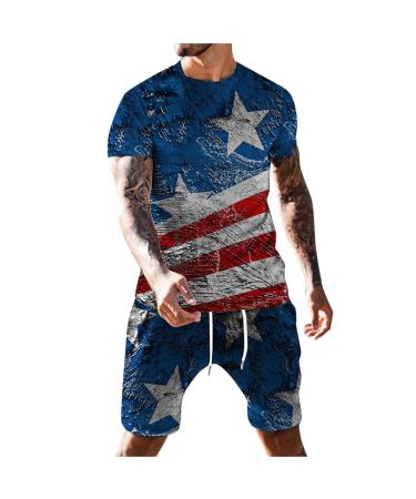 Men Sets Outfits 4th of July Fashion American Flag Printed Short Sleeve T Shirts and Shorts Casual Sweatsuits Sets Sky Blue Large