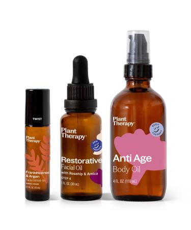 Plant Therapy Anti Age Bundle Including Frankincense & Argan Facial Oil Roll-On (10 mL) Restorative Facial Oil (30 mL) & Anti Age Body Oil (4 oz)