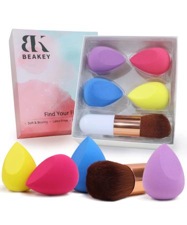 BEAKEY 4+1Pcs Makeup Sponges with Powder Brush, Foundation Blending Sponge for Liquid Cream and Powder, Professional Beauty Sponge Blender & Kabuki Brush Light