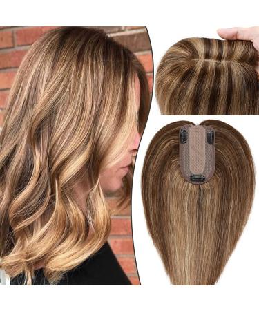 S-noilite Silk Base Topper Hair Piece Topper Human Hair for Women 130% Density Balayage Clip in Top Hair Middle Part Top Hair for Thinning Hair 33g 10"#4/27 Medium Brown/Dark Blonde 10 Inch #4/27 Medium Brown/Dark Blonde