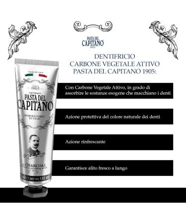 Pasta del Capitano 1905 Activated Carbon Toothpaste - 100% Made in Italy Charcoal Teeth Whitening 75ml Tube for Discoloration Removal - Buy Online on GoSupps.com