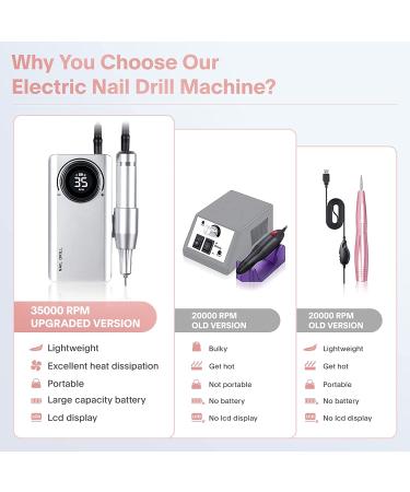 Portable Rechargeable 35000RPM Electric Nail Drill for Acrylic Gel Nails - Professional Manicure Pedicure Tool for Home and Salon Use (Silver) - Buy Online on GoSupps.com