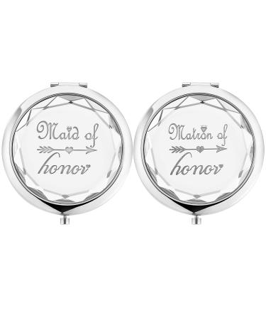 2 Pack Bridesmaid Proposal Gifts 1 Maid of Honor mirror 1 Matron of Honor mirror Crystal Pocket Compact Makeup Mirror Wedding Bridesmaid Gifts Bachelorette Party Gifts for Bride (silver)