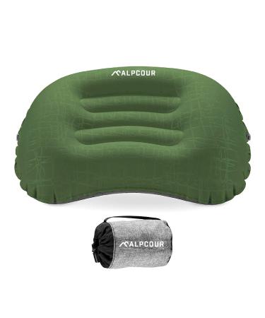 Alpcour Camping Pillow  Large, Inflatable, Ultralight Sleeping Pillow with Easy Blow Up Design, Soft Waterproof Exterior Cover and Compact Carry Case for Hiking, Backpacking, Airplane Travel & More Army Green