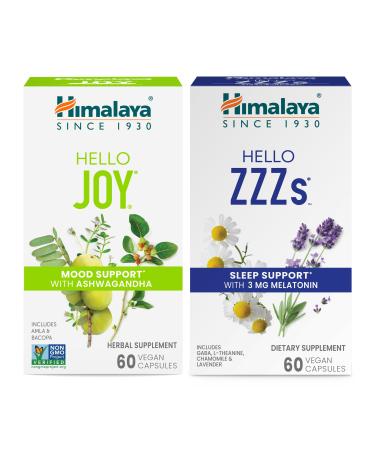 Himalaya Hello Joy with Ashwagandha for Improving Mood and Spirits & Hello ZZZs with Melatonin for Sleep Support 60 Capsules Each - Bundle