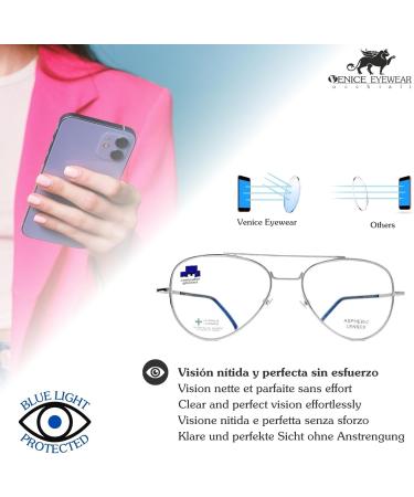 Blue Light Filter Reading Glasses - Venice Silver Metal Pilot for Men & Women - +2.50 Anti Blue Light Computer Glasses for Gamers - Buy Online on GoSupps.com
