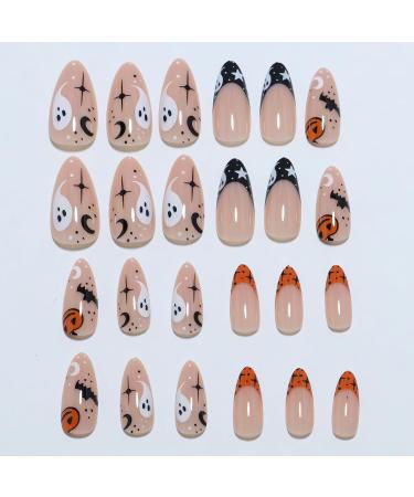 Buy Halloween French Tip Press on Nails - Medium Almond Glossy Nude with Pumpkin Ghost Bat Designs | 24Pcs Cute Spooky Stick on Nails for Women & Girls - Buy Online on GoSupps.com