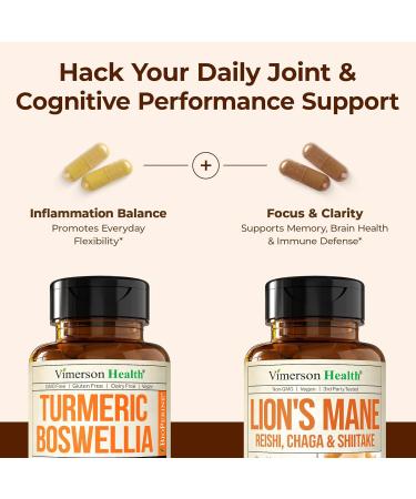 Boswellia Turmeric Curcumin Supplement + Lions Mane Supplement Capsules Bundle for Joint Health Mood & Immune Support with Ginger Organic Turmeric Powder Turkey Tail Shiitake Mushrooms & More - Buy Online on GoSupps.com