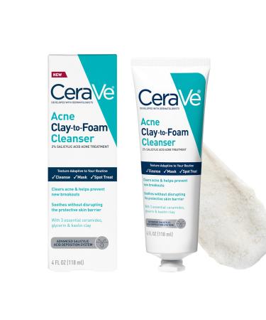 CeraVe Clay To Foam Acne Face Wash Multi-Use Salicylic Acid & Kaolin Clay Acne Spot Treatment Clears Pimples & Blackheads Prevents Breakouts Hydrates & Soothes Fragrance-Free Non-Comedogenic 4oz 4 Ounce (Pack of 1)
