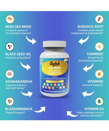 Sykik Sea Moss Black Seed Oil with Ashwagandha Turmeric Bladderwrack Burdock Vitamins C & D3 Elderberry Manuka Dandelion Yellow Dock Iodine Chlorophyll ACV 60 Capsules - Buy Online on GoSupps.com