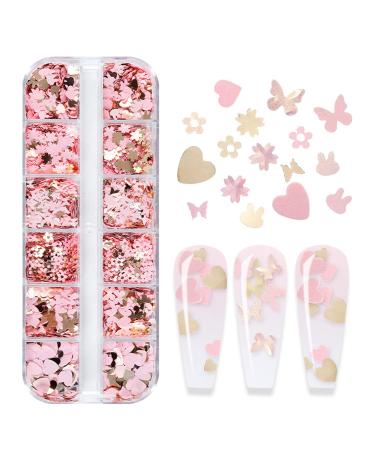 KACHIMOO Nail Glitter Sequins,12 Grids Gold Pink Nail Glitter Flakes 3D Cherry Blossoms Butterfly Nail Sequin Flakes Rabbit Heart Nail Charm Nail Accessories for Nail Art Decoration Gold-Pink