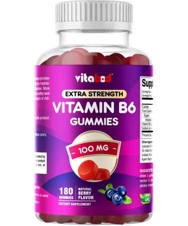 Vitabod Extra Strength Vitamin B6 Gummies 100mg - 180 Gummies - Supports Energy Metabolism and Nervous System Health