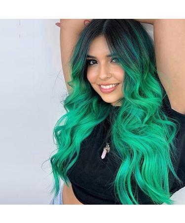 Lativ Long Wavy Wig for Women Ombre Green Middle Part Wigs Teal Wigs Long Curly Synthetic Heat Resistant Hair with Natural Hairline for Cosplay Party Everyday Use