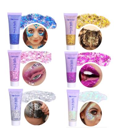 6 Pcs Holographic Chunky Sparkling Body Glitter Gel  Waterproof and Long Lasting Shimmer Liquid Glitter Makeup for Body  Face  Nail  Hair  Lip  Eye(White Gold  Silver  Pink  Purple  Blue)