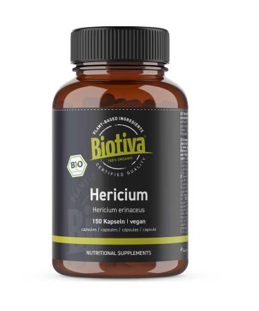 Organic Hedgehog Hydne 150 Capsules - Yamabushitake - Hericium erinaceus - Vegan - Packaged and Certified in Germany - Vegan HPMC Capsules - Biotiva
