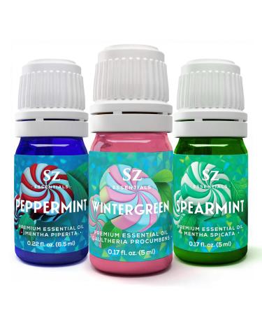 Sz Essentials Mint Trio Collection Peppermint Wintergreen & Spearmint Essential Oils 100% Pure Undiluted Aromatherapy Set for Diffusers Massage & DIY Vegan Therapeutic Grade 16.5mL