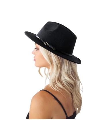 Classic Felt-Fedora Hat with Belt Buckle Women Wide Brim Wool Panama-Hat Adjustable(7 1/4) Black With Black Belt Buckle 7-7 1/4