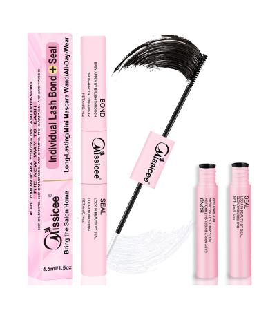 Missicee Bond and Seal Lash Glue 2 in 1 for DIY Cluster Lashes Lash Bond and Seal Super Strong Hold 72 Hours Latex Free Waterproof Mascara Wand Lash Glue for Sensitive Eyes