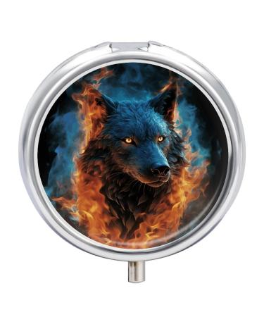 Pill Box Pill Case 3 Compartment Travel Pill Box Wolf Head in Blue Flames Printing Small Pill Box Portable Medicine Pill Case Pill Organizer for Purse & Pocket for Travel Handbag (Round)