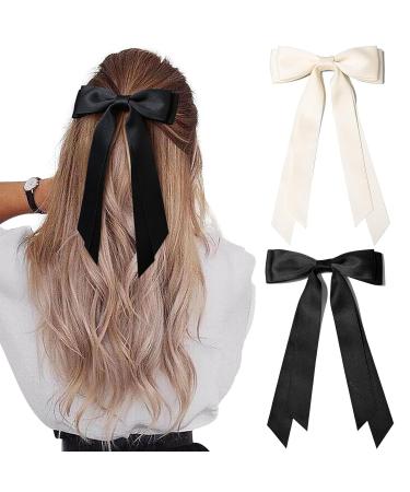 Chic Bow Hair Clips for Women and Girl Set of 2 Big Bowknot Hairpins with Satin Ribbons - French Hair Barrettes in Elegant Colors