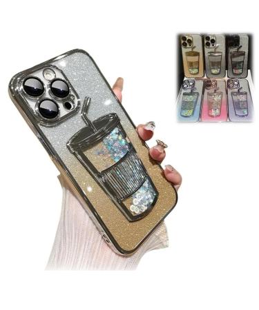 AQWAL Gradient Glitter Quicksand Milk Tea For Iphone Case Three-Dimensional Milk Tea Cup Shape 3d Three-Dimensional Phone Case For Iphone 12 13 14 15promax (For iPhone13pro Gold-A) For iPhone13pro Gold-A